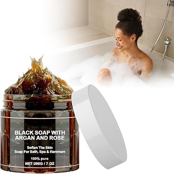 Morocco Black Soap with Argan and Rose 200 g Morocco Black Soap Natural Moroccan Black Soap Exfoliating Shower Gel for Soft Skin Black Soap Body Exfoliating Soap Morocco Body Scrub