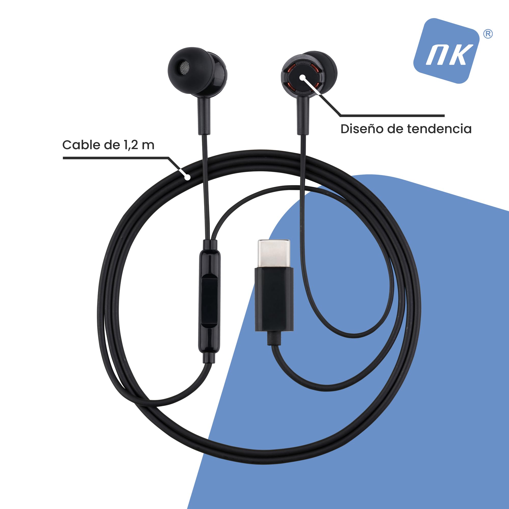 NK Słuchawki USB-C z Mikrofonem - In-Ear, Kabel 1,2 m, Regulacja Głośności i Odtwarzania, Dźwięk Stereo 10 mm, Ergonomiczna Konstrukcja, Kompatybilne z iPhone i Urządzeniami USB Typu C