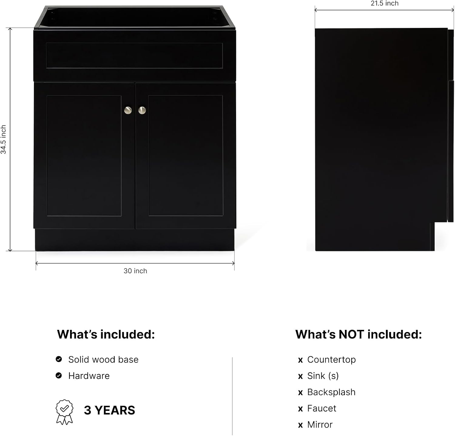 ARIEL Hamlet 30-inch Bathroom Vanity Base Cabinet,Solid Wood, 2 Soft Closing Doors, Brushed Nickel, Black