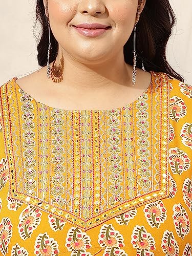Image of MIRCHI FASHION Plus Size Women's Cotton Sequins Embroidered Foil Printed Anarkali Kurti