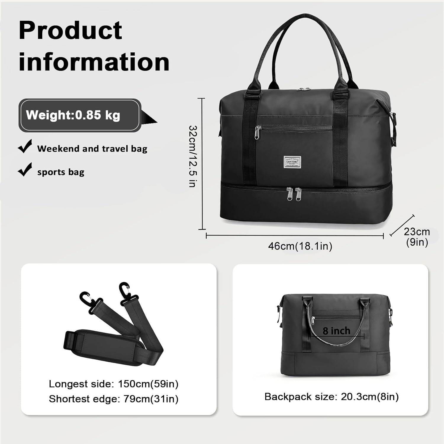 TANTOMI Travel Duffle Bag for Women Personal Item Travel Bag with Shoes Compartment, Weekender Overnight Bag Carry On Duffle Bag Tote Gym Bag for Travel, Sports, Hospital, Dance, Black - Image 2