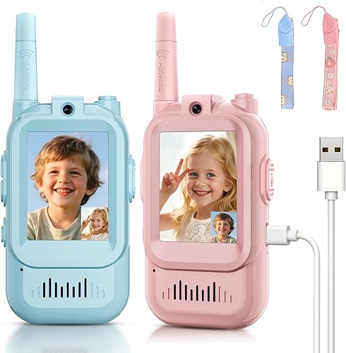 Miniatura 8 de Walkie Talkies de video para niños, paquete de 2 intercomunicadores de video recargables para niños, juguetes para interiores y exteriores
