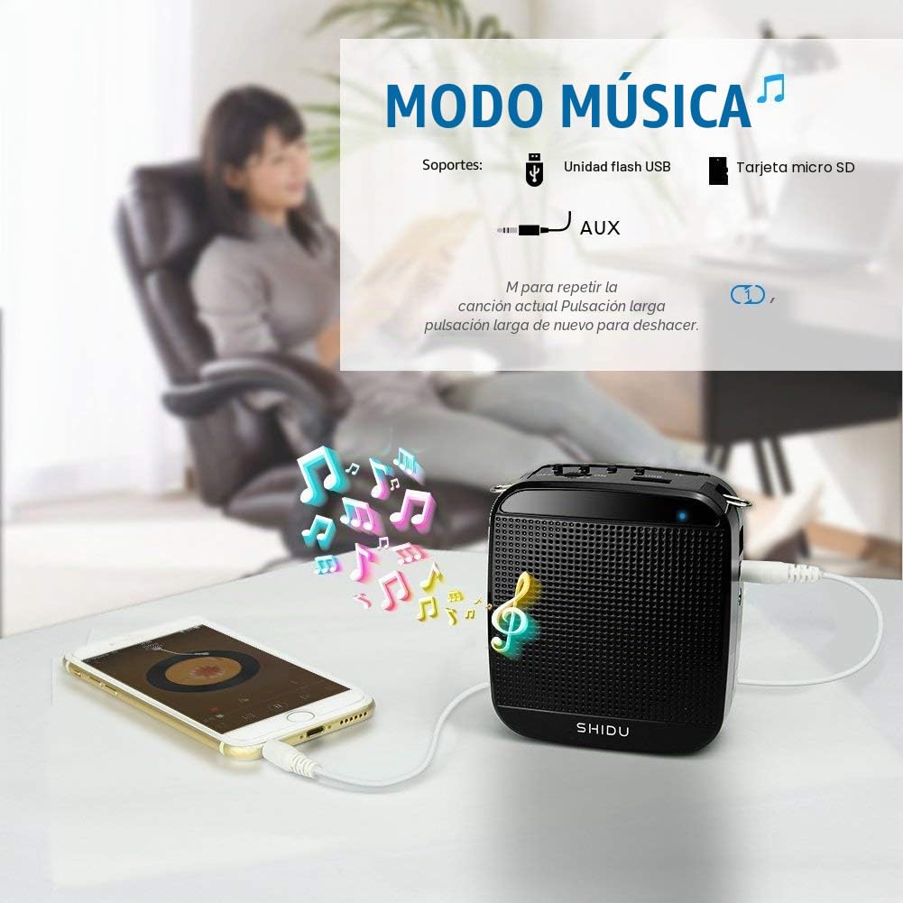 Amplificador de Voz portátil de 15W, SHIDU Amplificador de Voz con Auriculares con micrófono con Cable Micrófono Recargable y Sistema de Altavoces PA para Profesores,Canto,Aula, guía de Turismo,Yoga