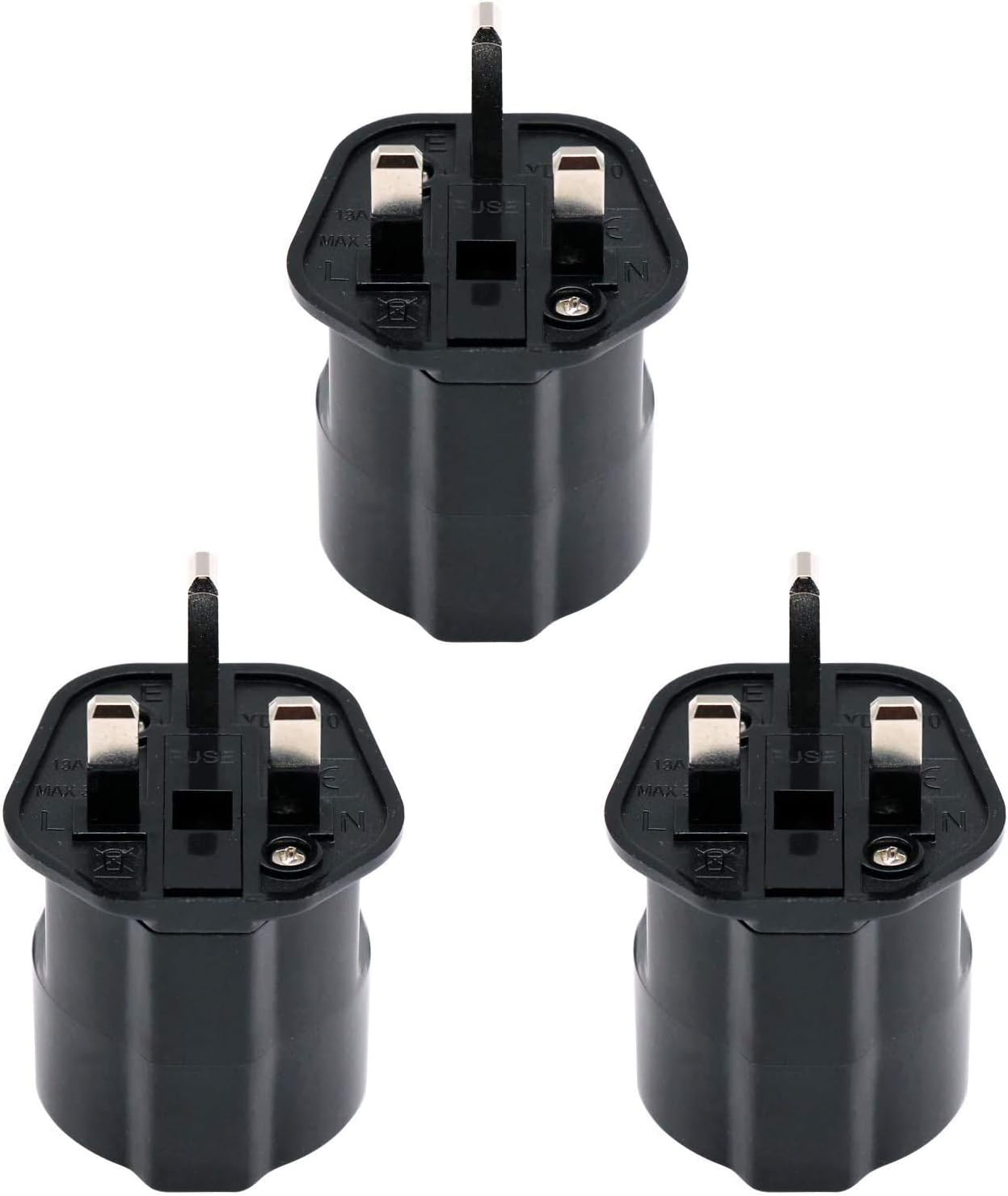 EU to UK/HK/Singapore/UAE/KSA Adaptor Plug with 13A Fuse and Safety Shutter, 2-Pin DE/FR/IT/ES European Plug Convert to UK 3-Pin Socket (Pack of 3 Black)