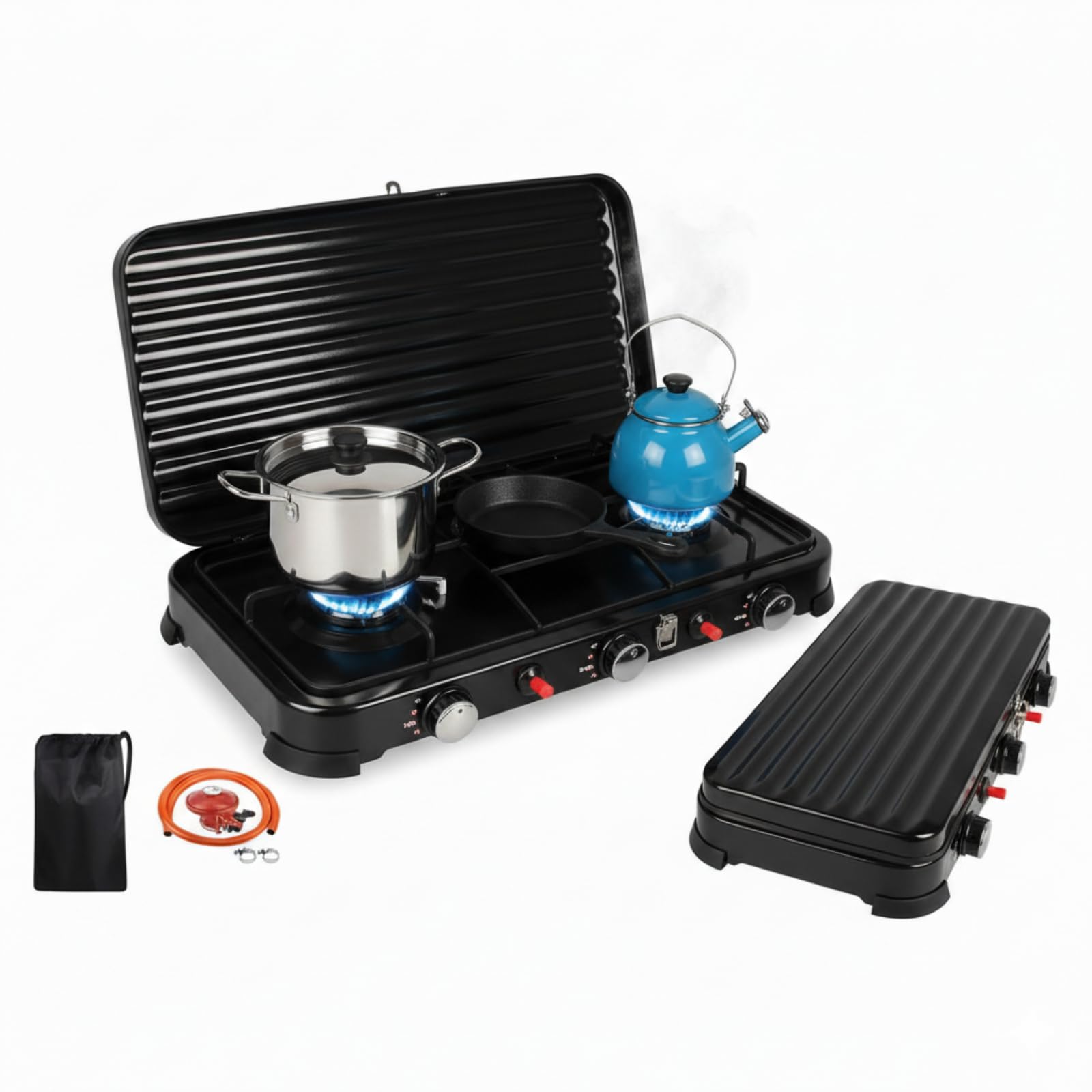 Réchaud camping gaz 3 feux 5.4KW avec tuyau 150cm et régulateur noir