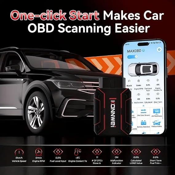 OBD2 Diagnostic Device Car Bluetooth 5.2 Adapter Car Error Code Reader & Motor Diagnostic with DTC Definition Live Data & Performance Tests Free Updates Compatible with OBD2 Vehicles for iOS and Android
