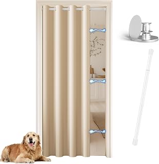Türvorhang mit Vorhangstange und Magnetknopf,1 Stück Gardinen verdunkelnd Beige H 195 x B 132 cm, Vorhang Tür für Schrank/Raumteiler/Umkleidekabine, Stange Weiß 70-128 cm