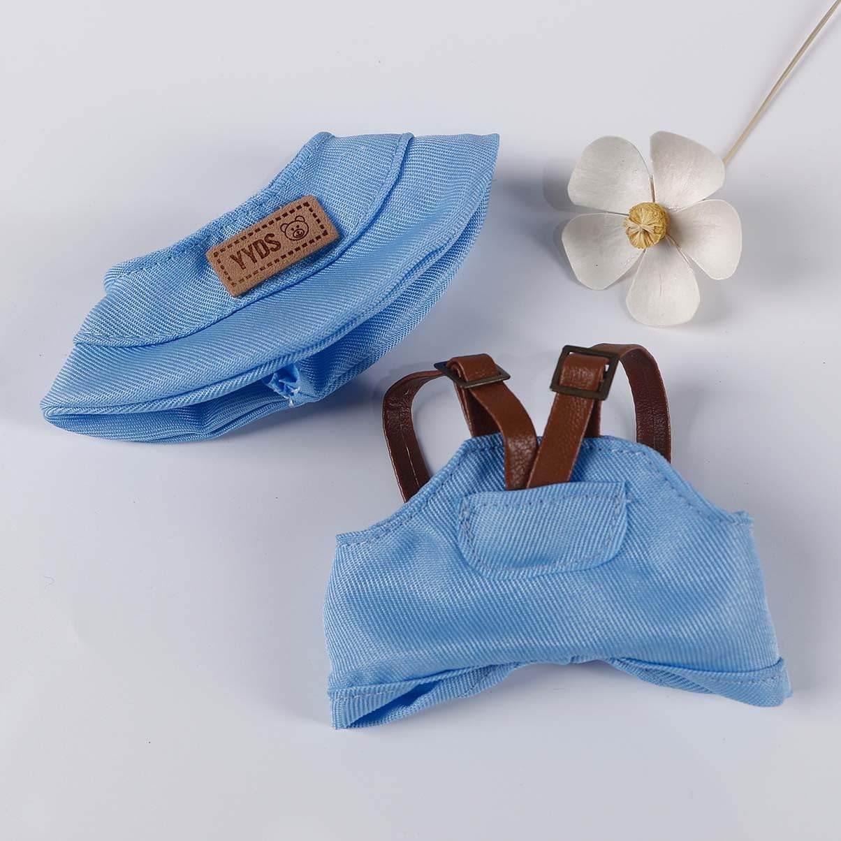 Compatible with Labubu 15cm/17cm (NO Doll) - Light Blue Bucket Hat & Overalls Set with Brown Straps, Doll Outfit Accessories (Light Blue)