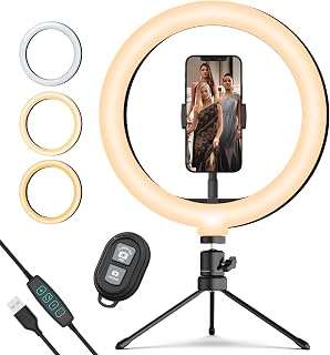 10.2'' Selfie Ring Light with Stand and Phone Holder, Desk Ring Lights with 3500K-6500K Dimmable 3 Light Colors 10 Brightness Levels for Phone Video TikTok Live Streaming Makeup