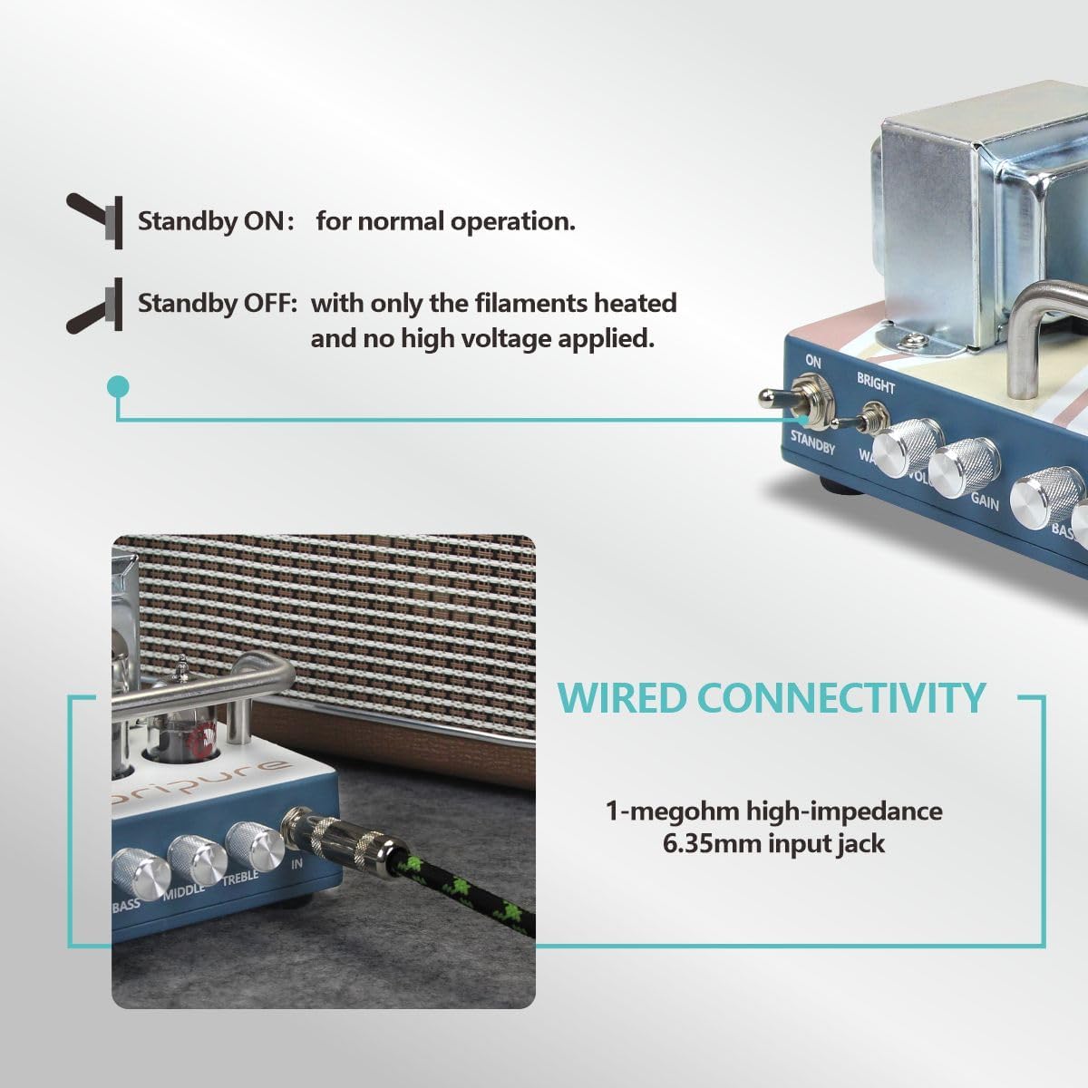 Close-up of the ON and STANDBY switches on the ampschwerer.