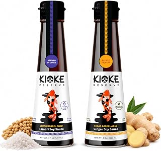 Kioke Reserve Japanese Soy Sauce Variety Pack, Tamari & Ginger Shoyu Bundle | Cedar Barrel Aged in Japan | Small Batch Brewing | Sushi, Marinades, Stir Fry, Dumplings, Rice Bowls | 2 x 4 oz Bottles