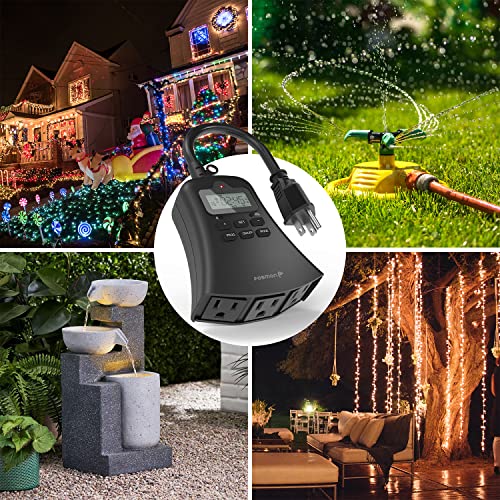 Fosmon 7 Day Digital Outdoor Timer With 3 Grounded Outlets, Weatherproof, 1875W, 1/2 Hp, 16 On/Off Programs, Heavy Duty, Outdoor Light Timer Programmable For Electrical Outlets, Etl Listed #TOP7