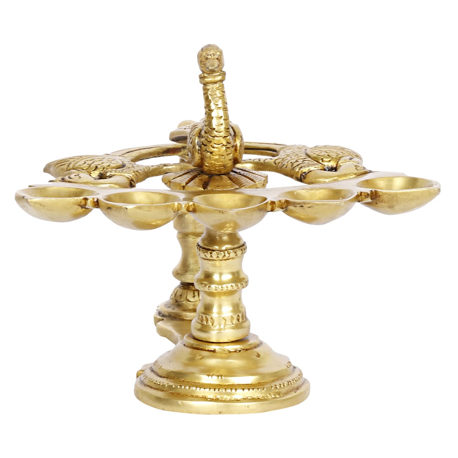 Artvarko™ Paw ptak wzór 5 olejnych knotów mosiężnych Panch Aarti Diya z uchwytem dekoracyjne akcesoria do pudży, lampa kamforowa Aarti do Navratra, Diwali Prezenty Wystrój domu 20 cm.