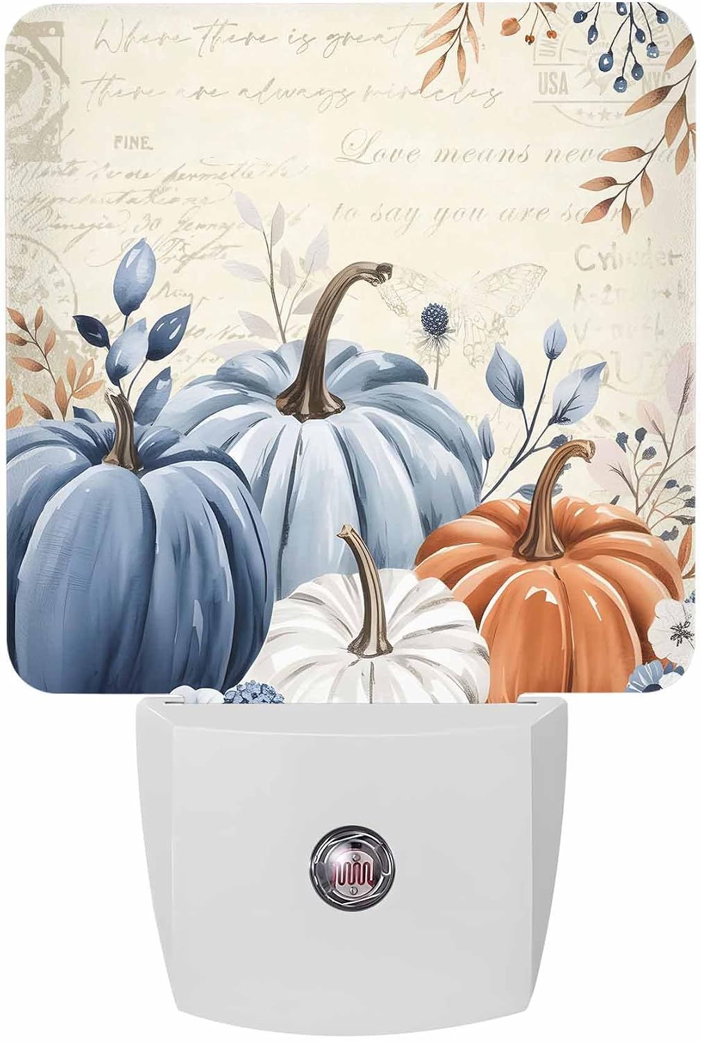 Fall Night Lights Auto Sensor Blue Pumpkin Plug-in LED Nightlights Dusk to Dawn for Living Room, Bedroom, Bathroom, Kitchen, Hallway, Stairways Holiday Thanksgiving Decor, Autumn Eucalyptus Leaves