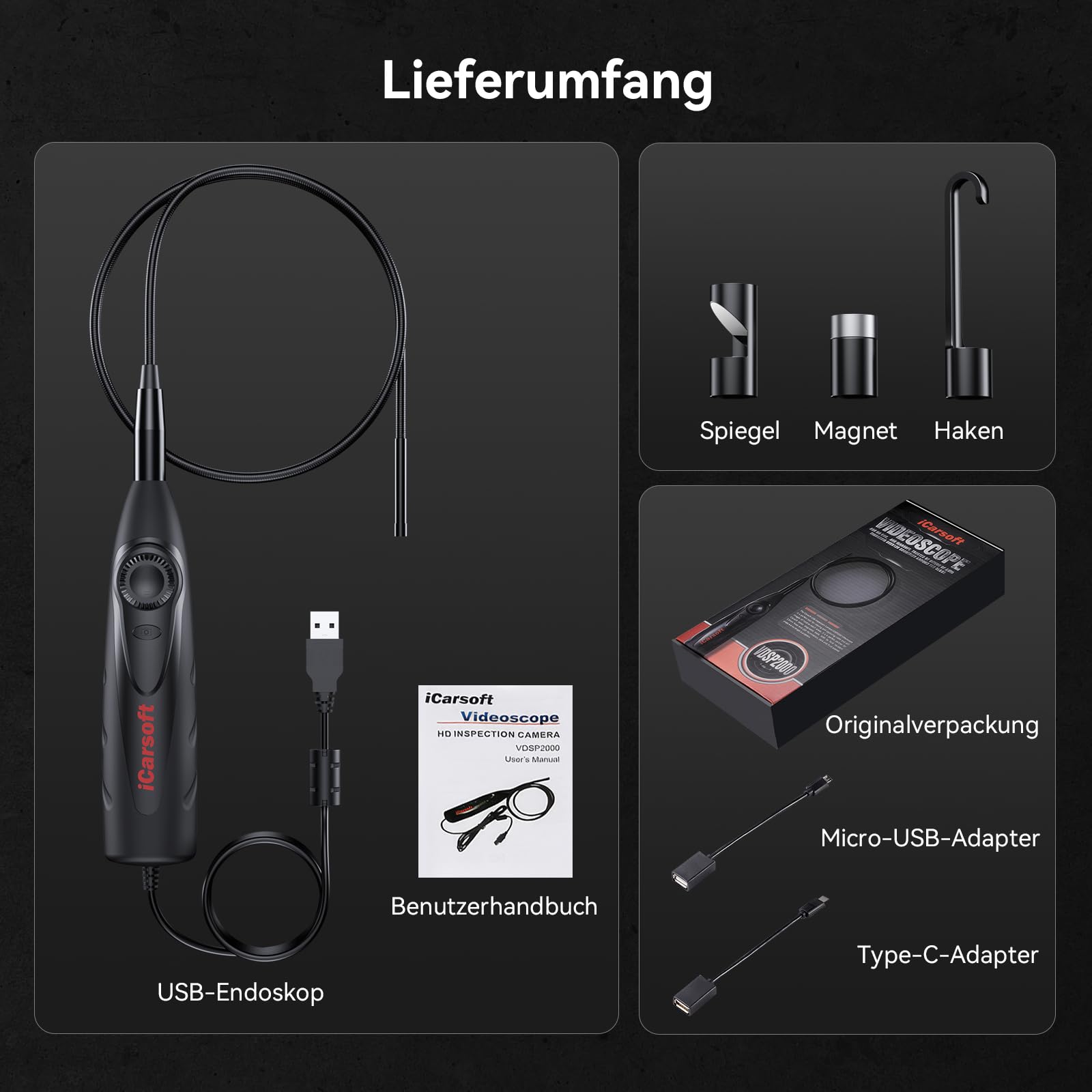 iCarsoft VDSP2000 USB Endoskopkamera, 0,21 Zoll wasserdichtes IP67 HD Endoskop, Inspektionskamera, Geeignet für die Diagnosegeräte CR MAX, CR MAX BT und CR MAX P, mit 6-Stufiger LED-Beleuchtung