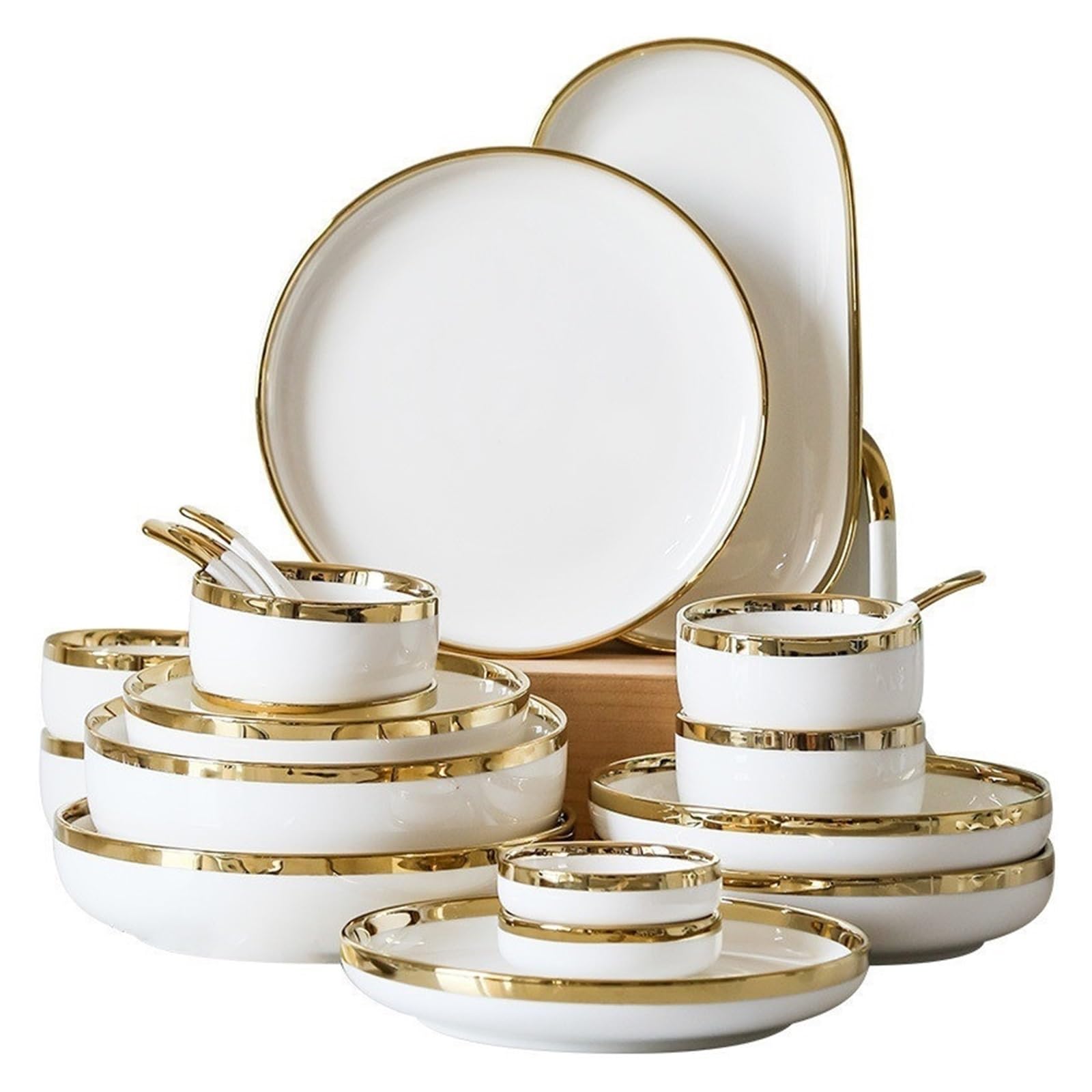 Geschirrset Gold Helle Weiße Porzellan Abendessen Sets Keramik Schüssel Teller Set Geschirr for Haushalt Hotel Für Küche und Esszimmer(Bright B1 people set)