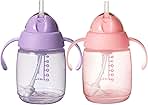 Tommee Tippee Starter Straw Cup, Easy Transition Toddler Cup For 6 Months+, 10oz with Silicone Weighted Straw and Easy-Hold Handles, Pack of 2, Pink and Purple
