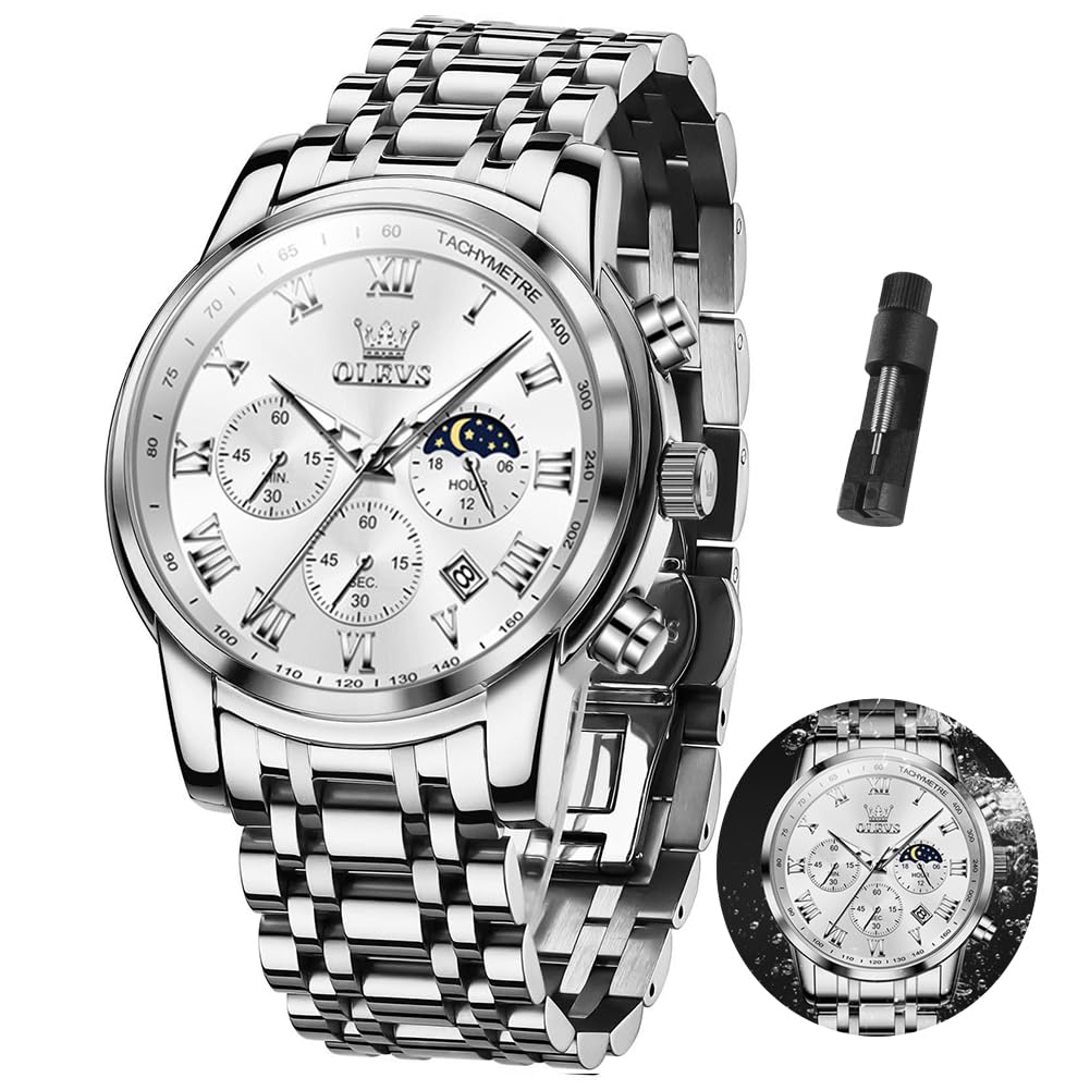 OLEVS Mens Watches Waterproof Luxury Stainless Steel Watches for Men Chronograph Analog Quartz Dress Men's Watches Casual Big Face Mens Watch Day Date Easy Read Men Wrist Watch