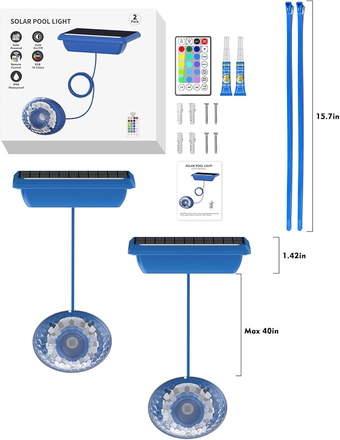 Luz Solar Subacuática para Piscina, 2 Unidades, 16 Colores, IP68, Control Remoto miniatura 7