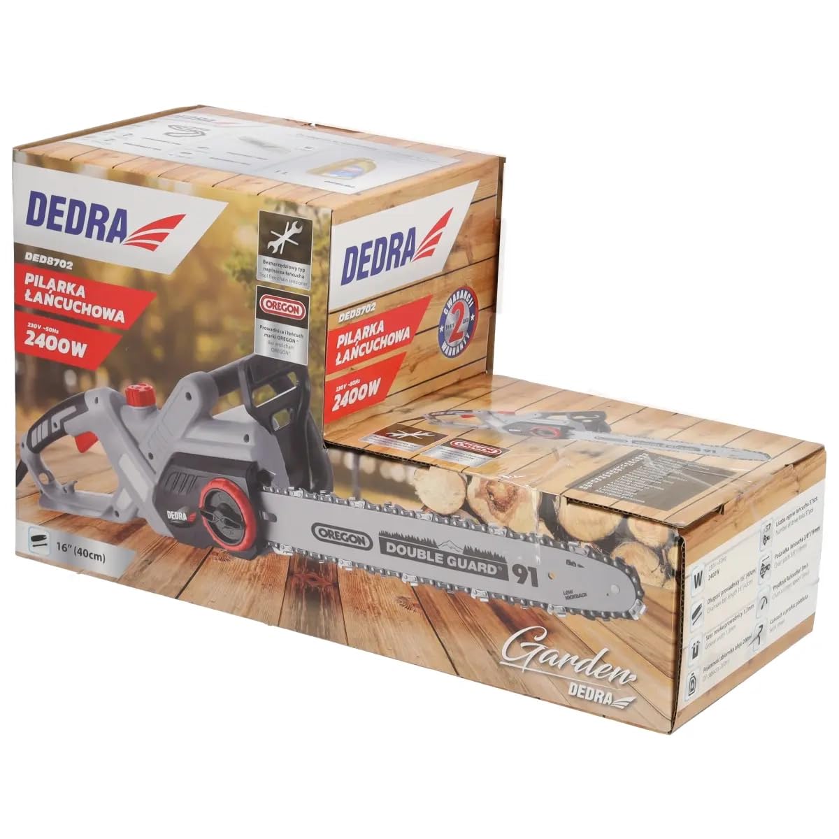 Dedra DED8702 – pilarka łańcuchowa elektryczna 2400 W, prowadnica 40 cm, łańcuch Oregon, automatyczne smarowanie, beznarzędziowe napinanie, hamulec bezpieczeństwa