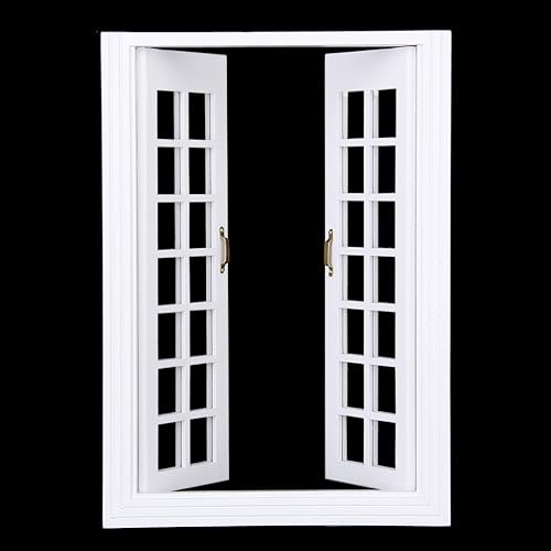 Miniatura 4 de 1/12 Casa de muñecas Madera Blanca Puertas Francesas Dobles Ventana con Cortina DIY