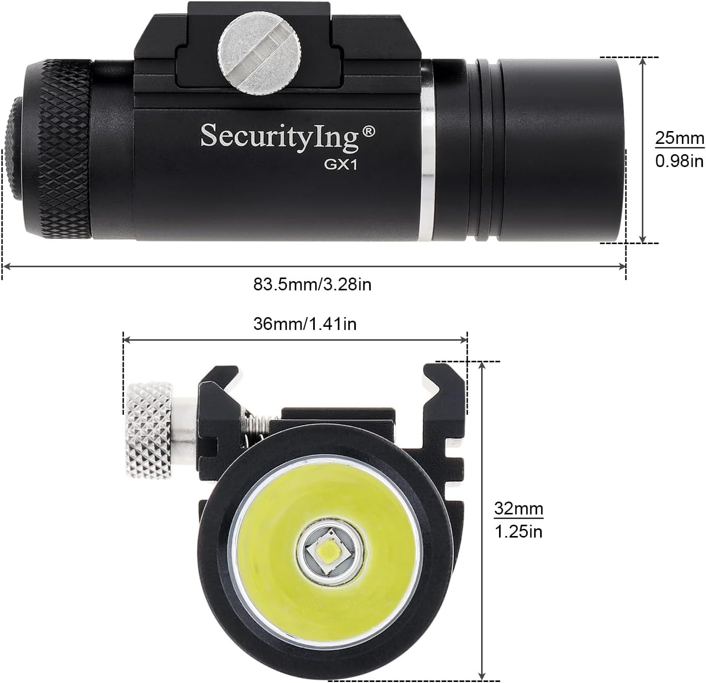 SecurityIng 320LM Compact Rail Mounted Light, IPX8 Waterproof Mini Tactical Flashlight, with Rechargeable Battery & Mount for Standard Picatinny MIL-STD-1913 Rails