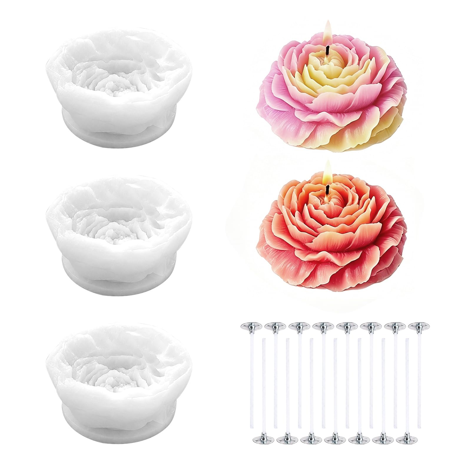Paquete de 3 moldes de silicona 3D de flores de peonía para hacer velas, con 15 mechas de vela, moldes de flores para cera de soja, resina epoxi, jabón, fondant, chocolate, mediano