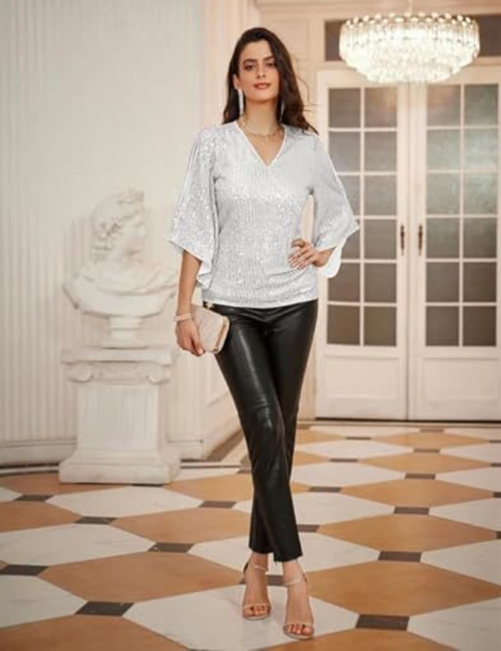 Camicetta elegante da donna con maniche a 3/4, con scollo a V, con paillettes glitterate, per feste e serate