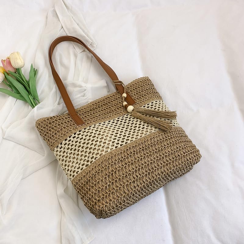 Straw Beach Bag Summer Woven Tote Bag with Zipper Handbag Shoulder Purse for Women Travel Vacation4