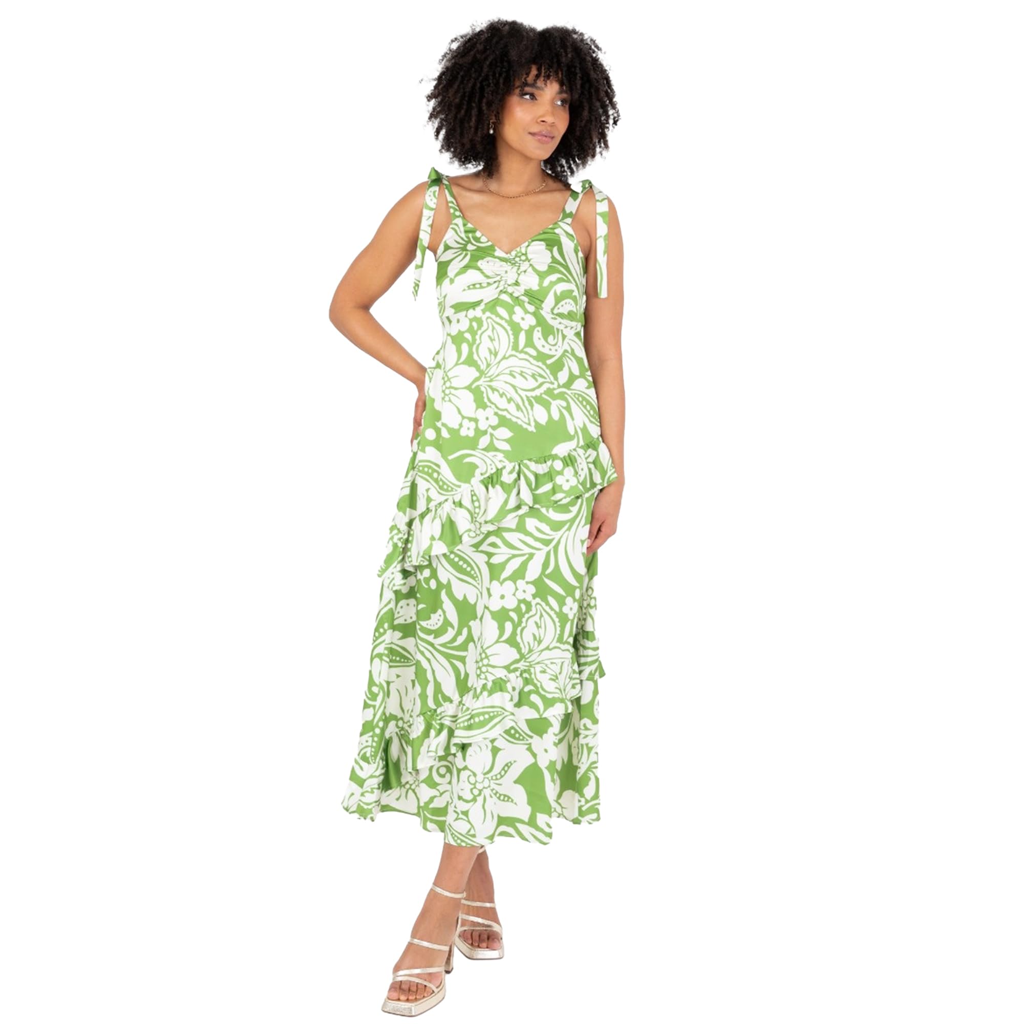 Lovedrobe Women’s Green Floral Midaxi Dress Tie Strap V-Neck Ruffle Hem A-Line Summer Dress Soft Draped Holiday Size 18