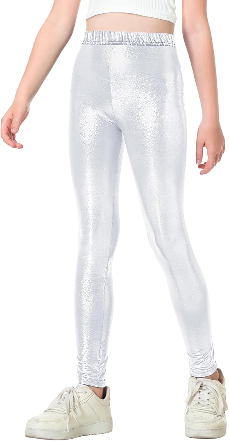 Gnainach Girls Metallic Leggings Stretch Comfort Shiny Mystique Dance Pants for Toddler Kids Teen Yoga Party Workout