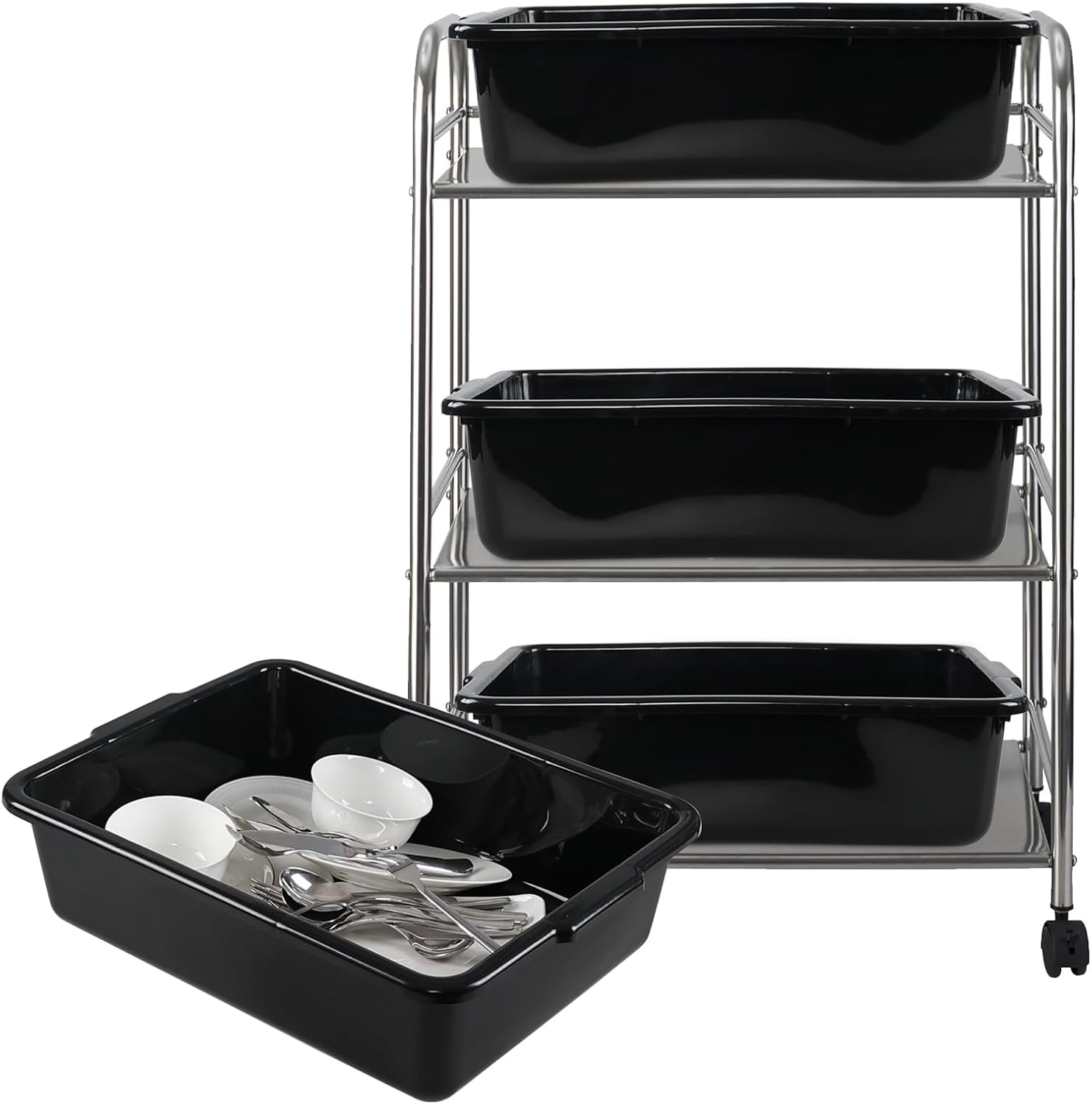 22 L Plastic Commercial Bus Tote Box, 4 Pack Large Food Service Bus Tub, Black Utility Bus Box