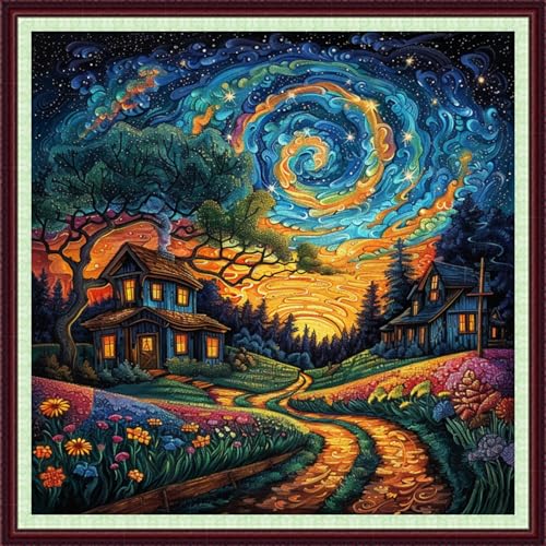 Image of Dooxvey Cross Stitch Kits for Adults Beginners,Full Range of Cross-Stitch Stamped Kits Needlepoint Kits for Beginners Embroidery Kits 11CT Cross Stitch Patterns-Van Gogh's Starry Night Home 18x18 inch
