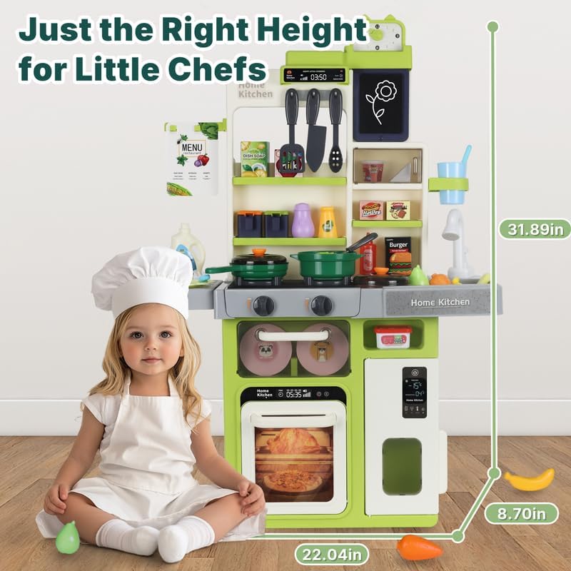 Vista 3 de Juego de cocina de simulación para niños con estufa electrónica, vapor y luces LED – Juguete de cocina interactivo para niños pequeños con fregadero