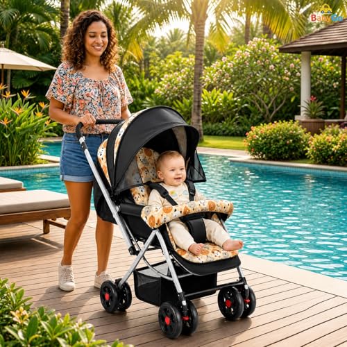 Image of BabyGo Foldable Baby Stroller for Newborn, Infant & Toddler 0-3 Years | Lightweight Travel Pushchair | Safety Harness | Adjustable Recline Backrest | 360 Swivel Wheels | Large Storage Basket | Orange