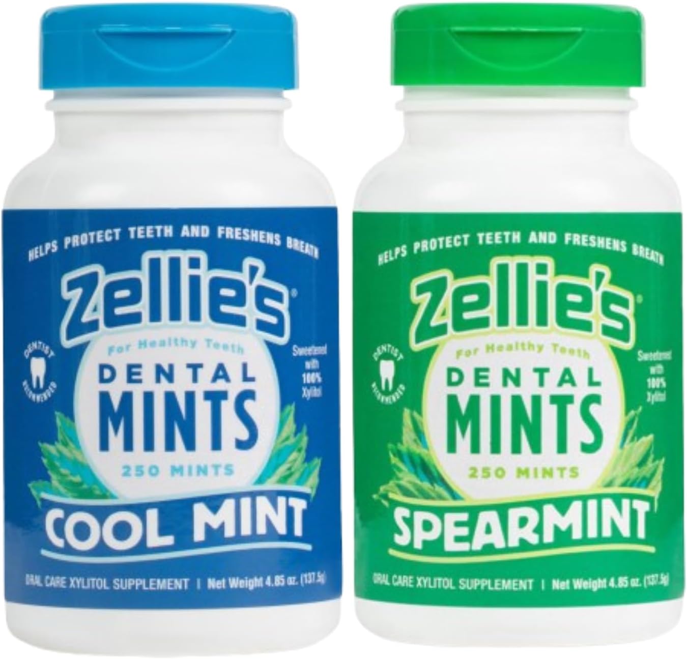 Zellie's | 100% Xylitol Breath Mints Combo Pack | No Aspartame, Gluten Free, Vegan & Kosher | Includes (1) Cool Mint & (1) Spearmint Breath Mints 250 Count | (2 Pack)