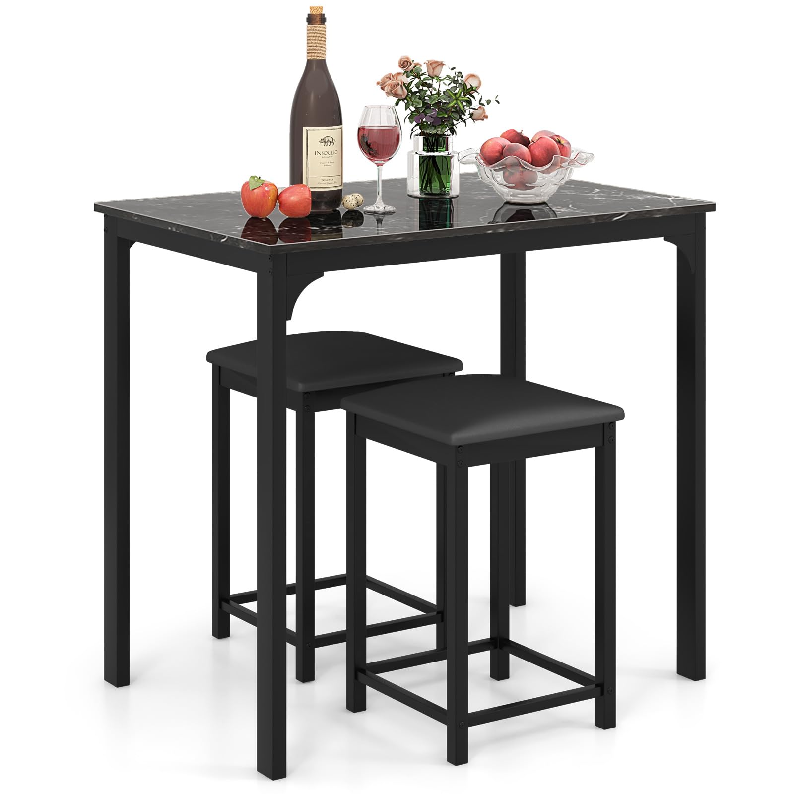 COSTWAY Table Haute Cuisine avec 2 Tabourets, Table Bar Cuisine, Cadre en Métal, Mange-Debout Industriel, Effect Marbre, pour Bistro, Salle à Manger