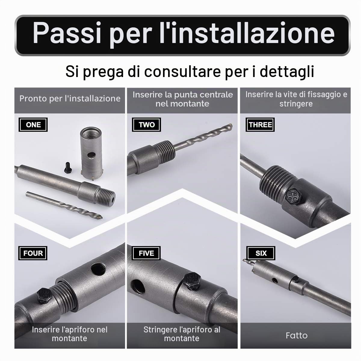 8 Pz Seghe a Tazza per Muro, Sega Fresa a Tazza Carotatrice Muro Cemento + 200mm Asta di Collegamento + Punta Centrale + Vite di Posizionamento - 30mm, 35mm, 40mm, 45mm, 50mm, 55mm, 60mm, 65mm