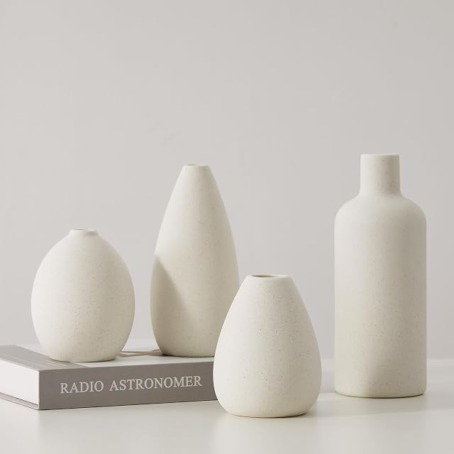 CEMABT Vase en céramique blanche - 4 Petits vases pour fleurs, Vases de fleurs uniques pour pièces centrales, Vase décoratif moderne pour la décoration maison Table d'entrée Librairie (blanc)
