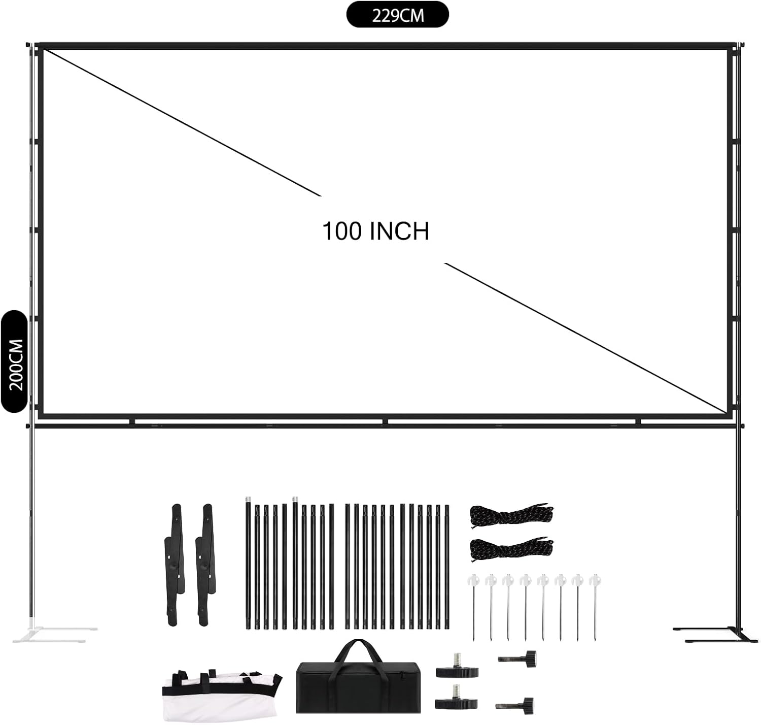 100-inch Portable Projector Screen with Stand | 16:9 HD 4K Wrinkle-Free Indoor/Outdoor Screen for Home Cinema, Backyard Movies & Camping