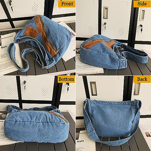 Image of Denim Purse for Women Men Tote Bag with Zipper Crossbody Blue Jean Purses Canvas Shoulder Bag Hobo Handbag