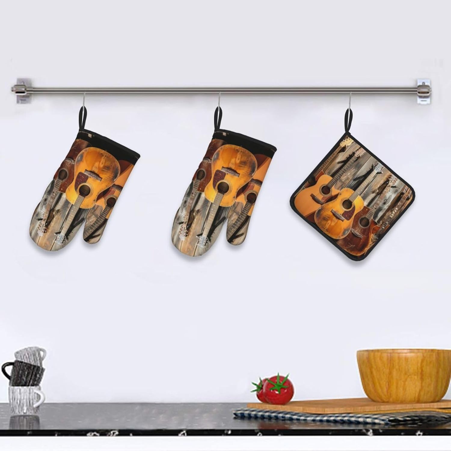 Oven Mitts and Pot Holders, Guitar Collection, Heat Resistant Microwave Gloves Safe for Baking, Cooking, BBQ, Pack of 3