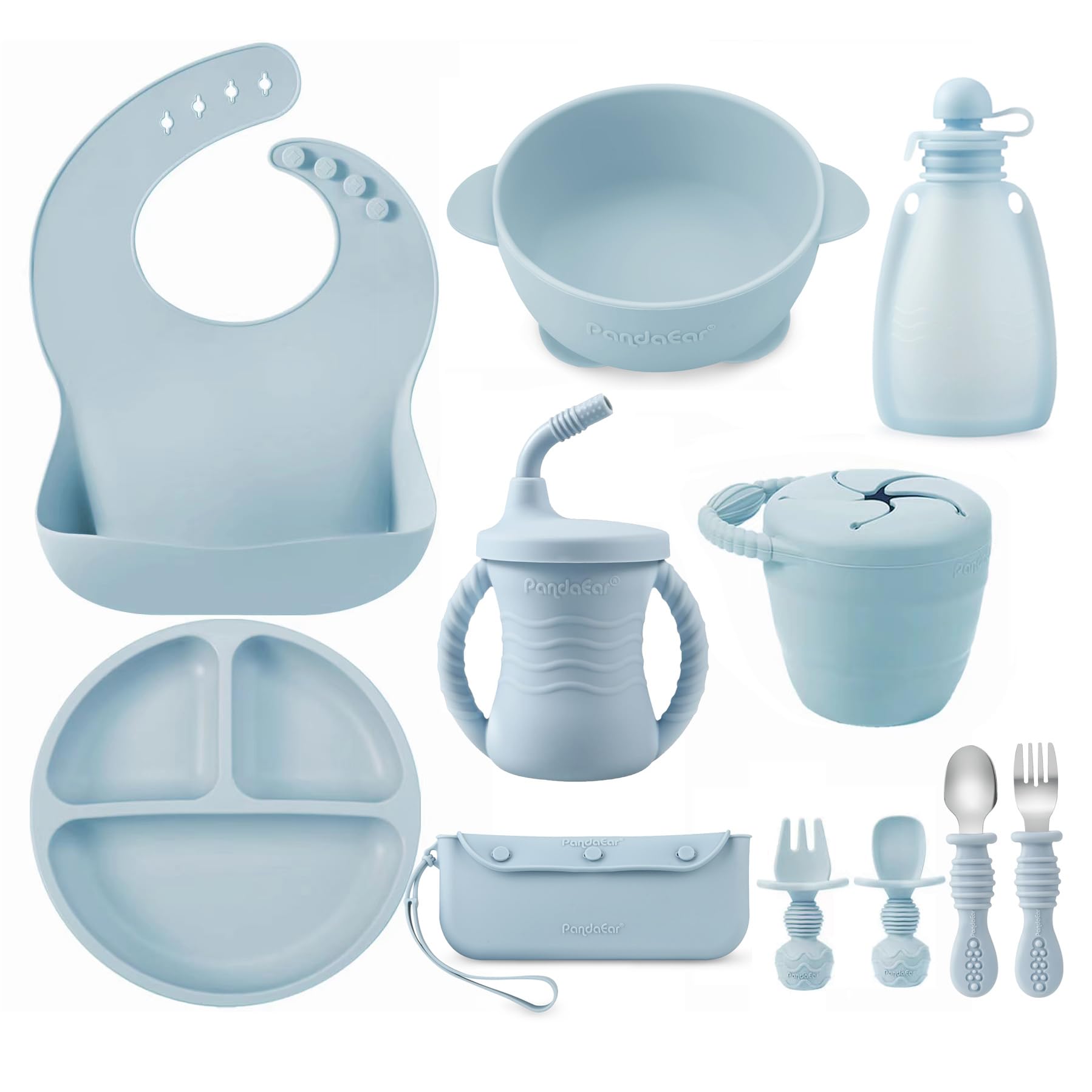 PandaEar - Juego de alimentación de silicona para bebés (11 piezas), incluye utensilios de autoalimentación, plato con ventosa, tazón, baberos, vaso con boquilla y bolsa para comida, recipiente para refrigerios, cucharas y tenedores, color azul.