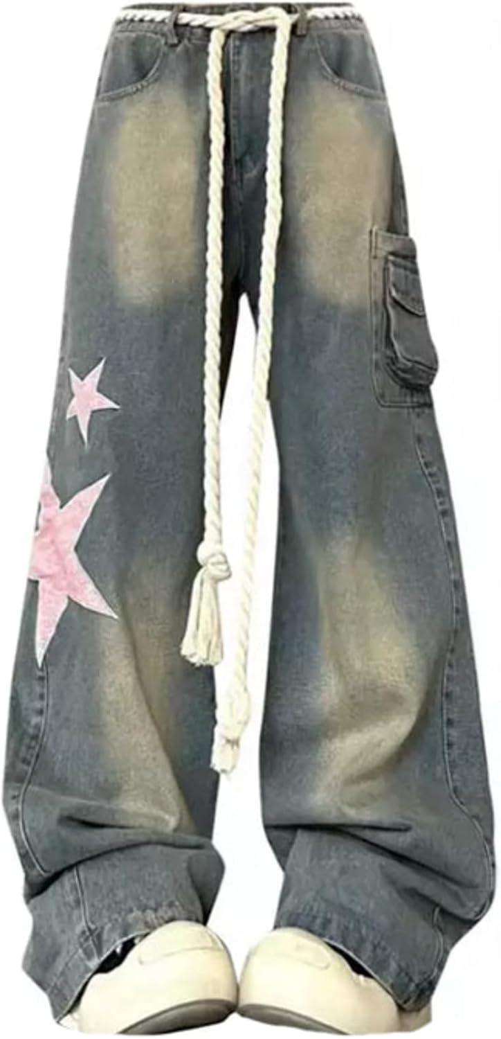 Y2K Aesthetic Cargo Track Pants, Cyber Fairy Grunge Pants, Casual Wide Leg Star Trousers Joggers, Gothic Ripped Pants