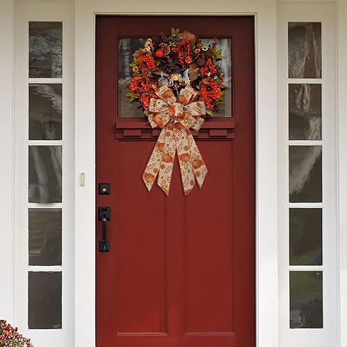 Miniatura 8 de Lazos grandes de otoño para corona, corona de calabaza de Acción de Gracias con hojas de otoño, lazo para decoración de árbol, arpillera naranja