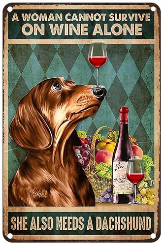 Estiyond Tin-11 Vintage Metal Tin Sign A Woman Cannot Survive On Wine Alone She Also Needs A Dachshund Metal Signs Home Garage Office Coffee Bar Wall Decor 5.5X8 Inch