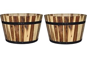 Acacia Wood Whiskey Barrel Planters, Set of Two