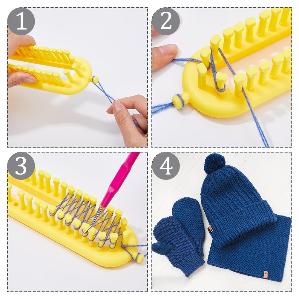 Hobbspring Knitting Loom Set Rectangular Knitting Board Loom Plastic Darning Needle Crochet Needle Yellow Scarf Looms Long Hats Shawl Making Tool DIY Yarn Weaving Kits for Women Adults Beginners - Image 5
