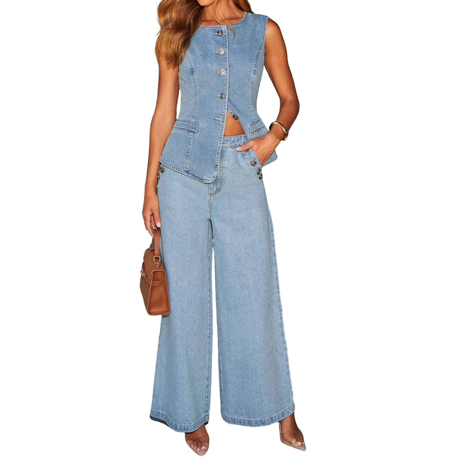 Completo in denim da donna, elegante, due pezzi, senza maniche, gilet e jeans con gamba larga, due pezzi, tinta unita, pantaloni larghi, pantaloni lunghi da festa, completo streetwear