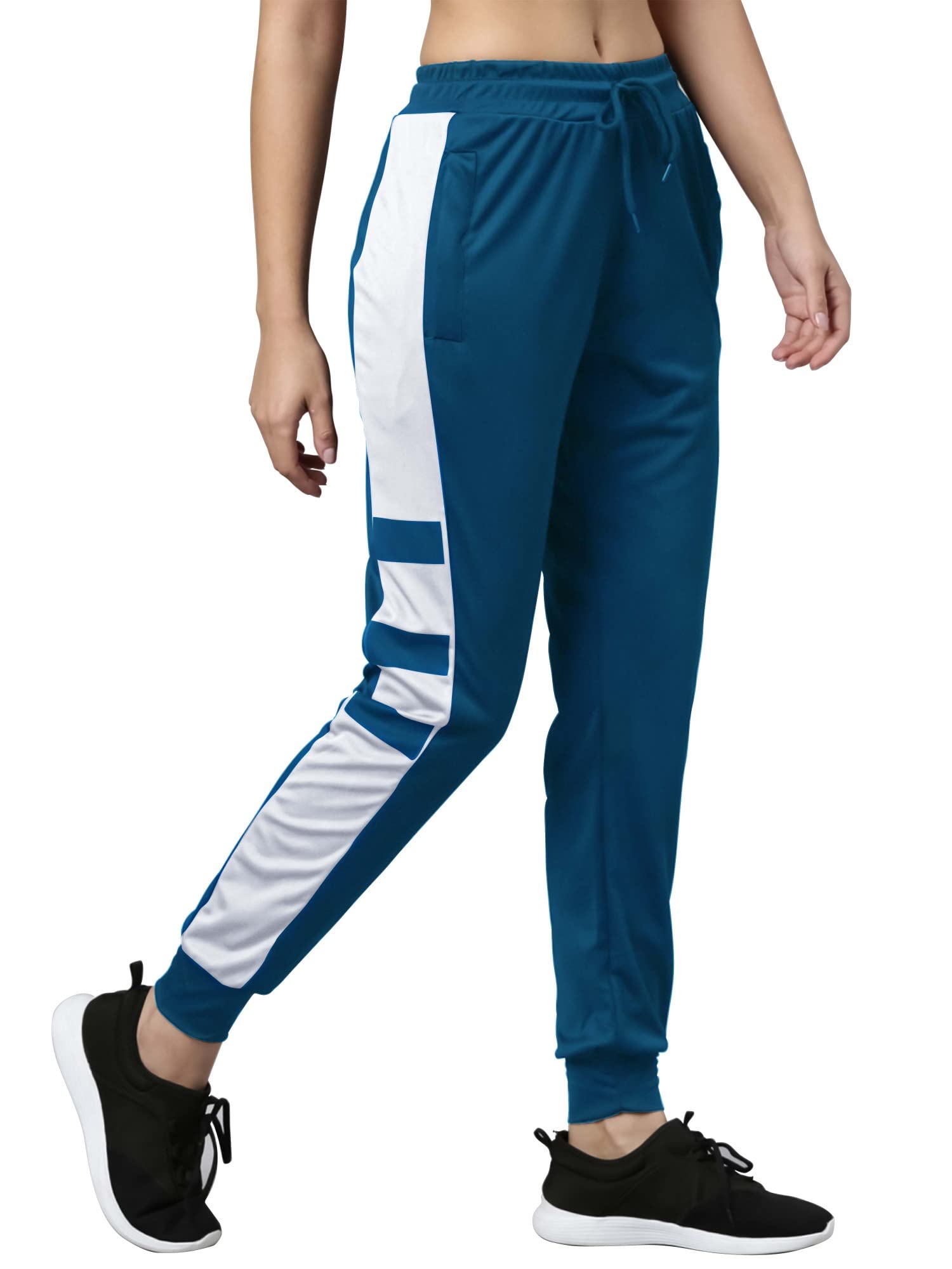 Maniac Women's Colorblock Black and Blue Polyester Slim Fit Trackpant